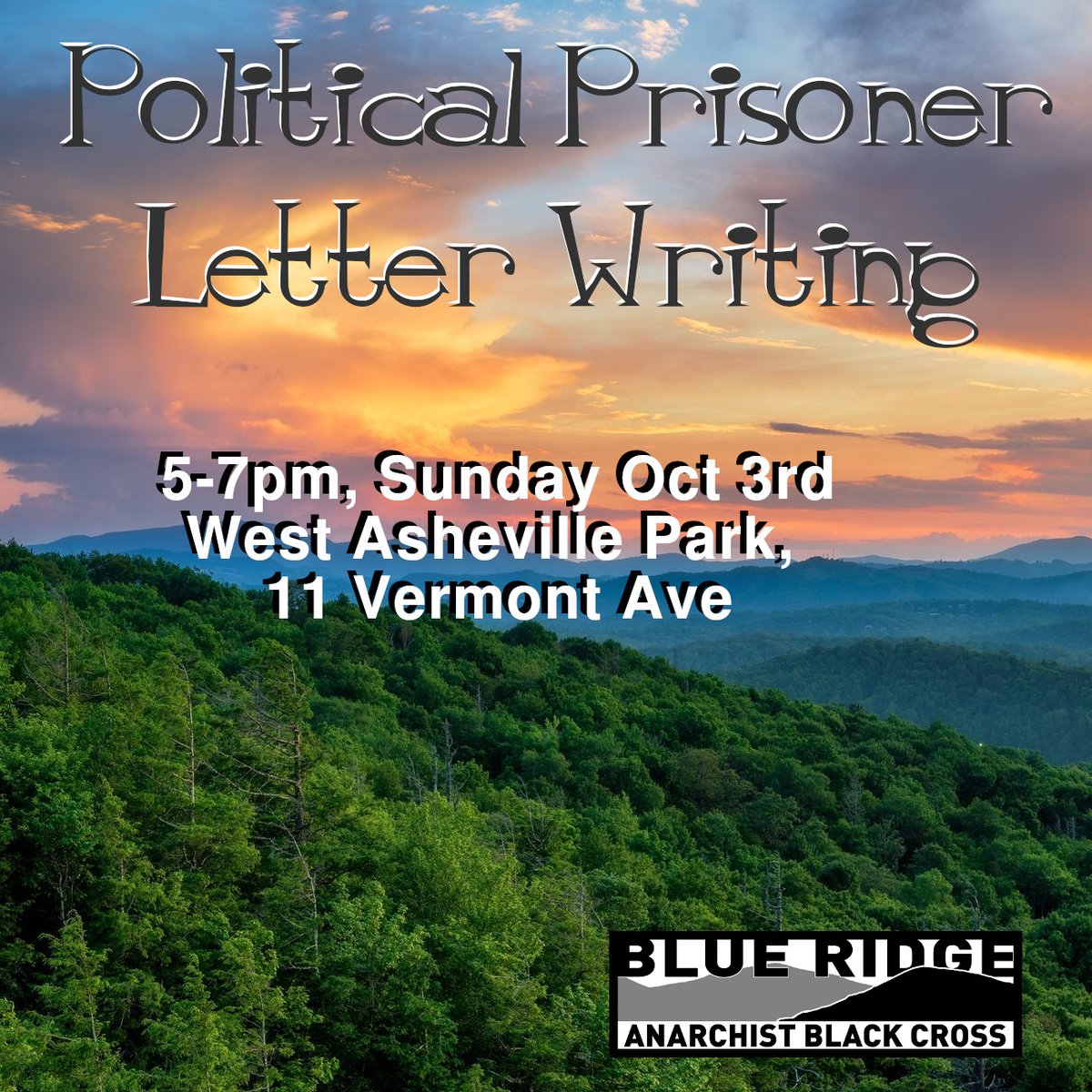 Final_Straw's tweet photo. Tomorrow at West Asheville Park, join #BlueRidgeABC for our monthly #politicalprisoner letter writing event from 5-7pm, outdoors and socially distanced. We'll be under a roof in case of inclement weather.
https://t.co/4NwSNeCej3 https://t.co/nTOL7qs3on