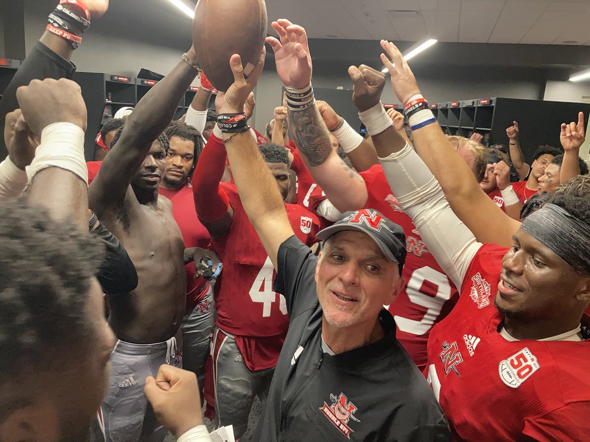 Nicholls_FB's tweet photo. History made! 

@JET2Terrell presented the game ball tonight to @Timrebowe, now the program leader in victories.  

#geauxcolonels https://t.co/xpSqaVVdBk
