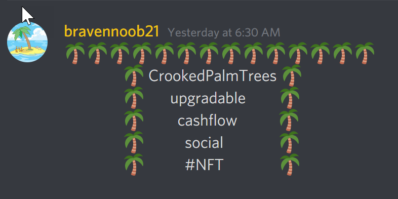 Tomorrow (Sunday), 4PM EDT, I am going to give away a #CrookedPalmTree #NFT - these are cheap &amp; very worth checking out! Big plans ahead.

🔷 Like &amp; RT this post
🔷 Follow me &amp; <a href="/CrookedPalmTree/">mister a</a>
🔷  Tag 3 people
🔷  Favorite this OpenSea NFT

opensea.io/assets/0x166d8…

#NFTGiveaway