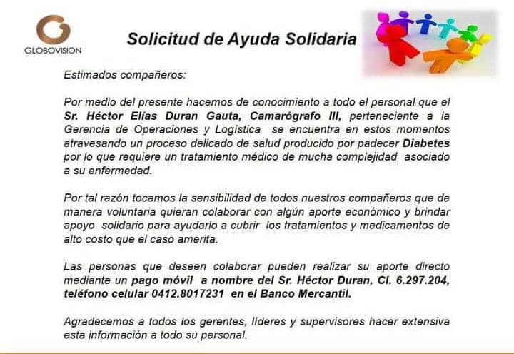 DominguezA66's tweet photo. Me encuentro con esto y no lo puedo creer... @globovision difunde con su logo corporativo una "petición de ayuda solidaria" para el tratamiento de uno de sus camarógrafos y me pregunto ¿Con el billete de Gorrin, no pueden sufragar ese tratamiento para uno de sus empleados? https://t.co/2m9NYKKOFj