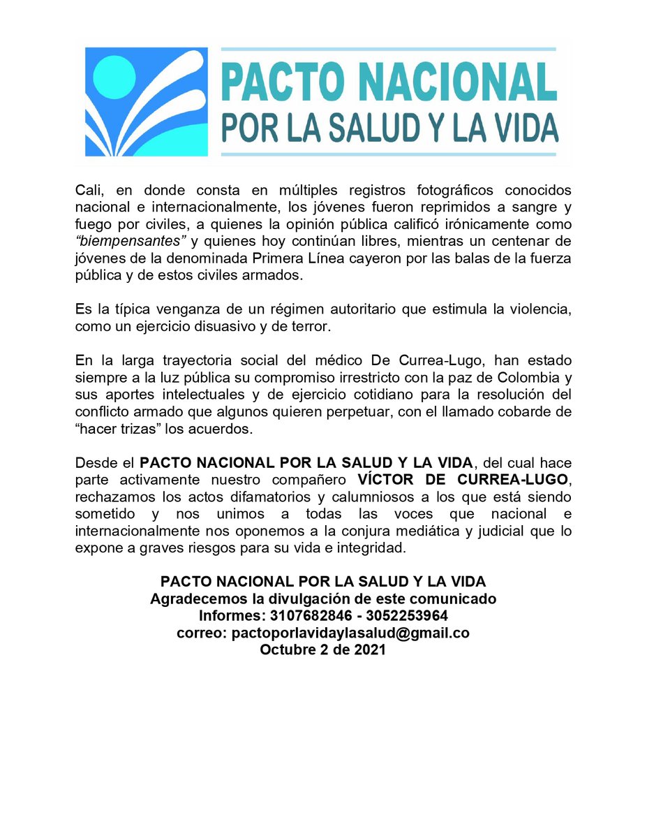 PactoSalud's tweet photo. COMUNICADO DEL PACTO NACIONAL POR LA SALUD Y LA VIDA
EN SOLIDARIDAD CON EL DOCTOR @DeCurreaLugo https://t.co/KLtuhJEeJi