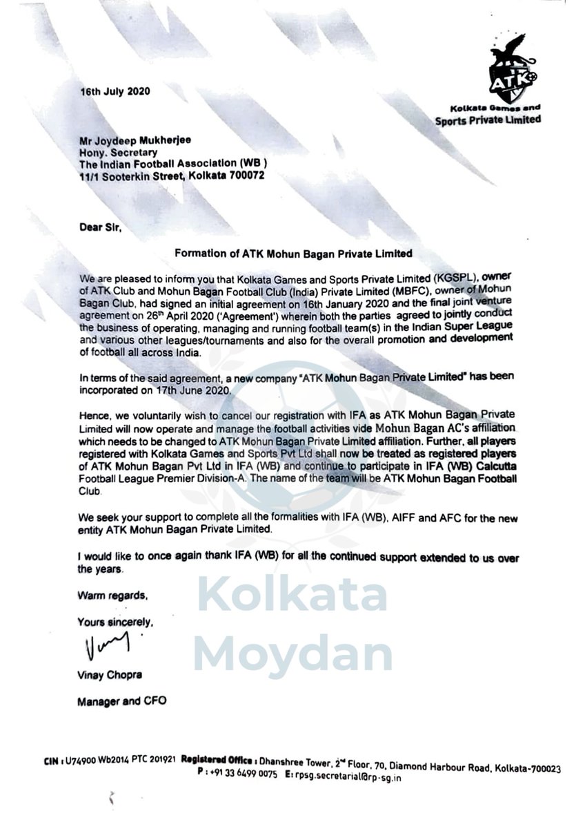 KMoydan's tweet photo. Formal communication through which ATK FC cancelled it's registration.
It is a joint venture between KGSPL and Mohun Bagan, confirms this document.
That's the end of ATK. Clear and simple. Mohun Bagan should drop this unnecessary prefix now.
#RemovePrefix
#JoyMohunBagan💚❤️ https://t.co/lDrNovLLc8