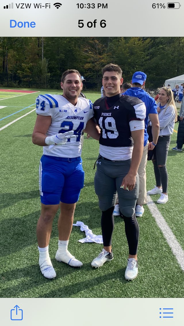 ShrewsburyFB's tweet photo. Two former SHS captains and both SHS all-time greats battled it out at the collegiate level today. @AjLaramee22 ‘17 of Assumption and @campanale5 ‘19 of Franklin Pierce. So proud of you two.
#family https://t.co/udp9fcVgdz