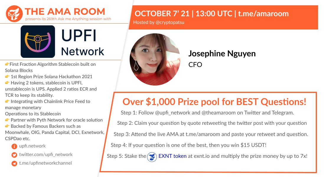theamarom's tweet photo. Join @upfi_network with your host @cryptopatsu for another #AMA 🔥

⌚️Oct 7 | THU | 13:00 UTC
💰Over $1000 #Prize Pool
✔ QUOTE RETWEET this WITH your question to qualify!
📍https://t.co/F6PYTiRmIL

#UPFINetworkxTheAMARoom $UPS #AMARoom #Giveaway 

ℹ️ https://t.co/LemhQDePjW https://t.co/aruns84Isb