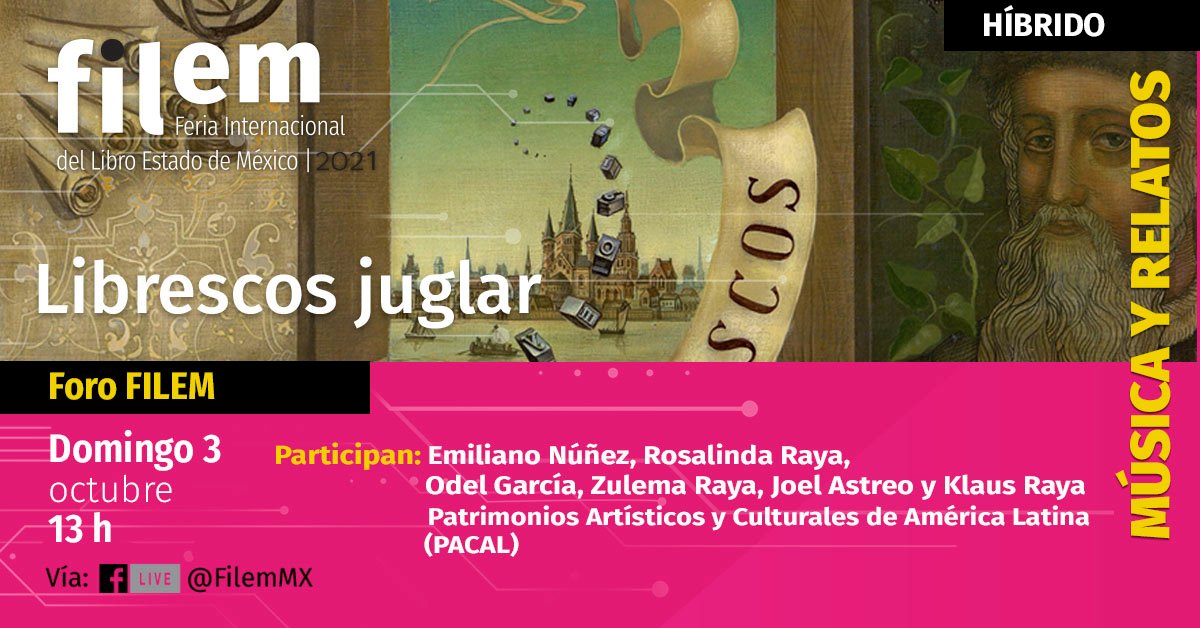 CulturaEdomex's tweet photo. Acompáñanos a disfrutar de "Librescos juglar" con música🎵 y relatos🗒️, hoy a las 13:00 horas en el Foro Filem o sigue la transmisión a través de Facebook Live de @Filem_Mx.
#ConectaFilem
¡Ahí nos vemos! https://t.co/k6iCne5n5m