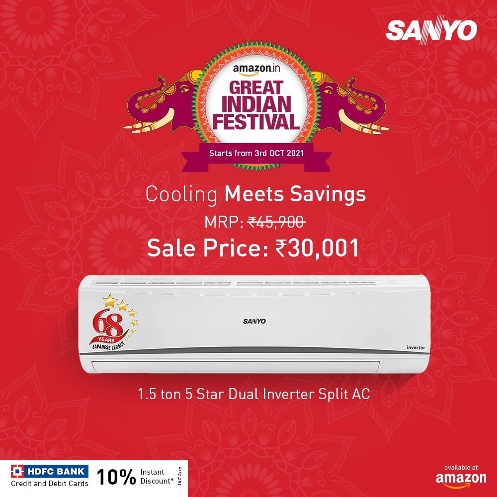 Let your pockets chill as you avail special offers on Sanyo AC. 

Buy now: amazon.in/dp/B084CLXCY2/

#Sanyo #technology #inverterAC #SplitAC #chilling #saving #autumn #autumn2021 #cooling