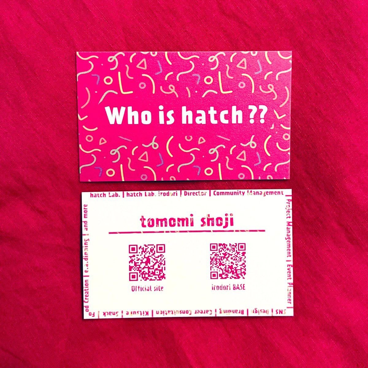 hatch857's tweet image. 名刺を新調しました😊
プロフィール写真からイメージがついてるショッキングピンク💗
ちなみにOfficial siteは現在ないので見に行っても何もないです😂
お会いした方、ぜひもらってください✨
#hatchlab
#irodori
#taberukoto_ea 
#ハチチョク