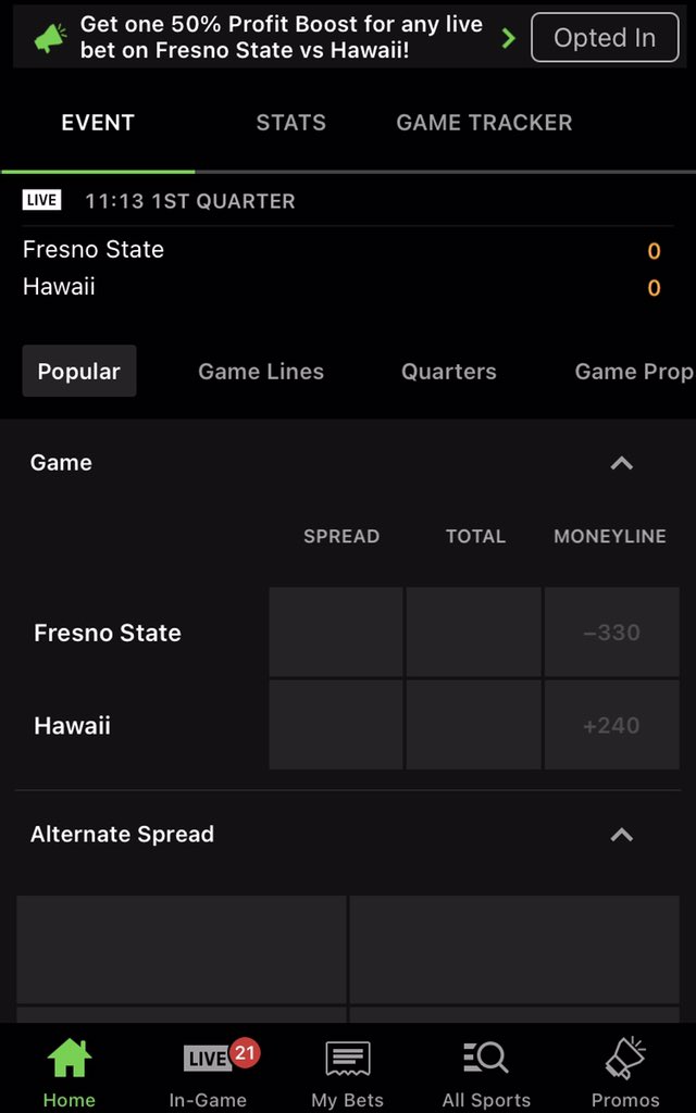 JerseySuave4's tweet image. It's pretty awesome that @DKSportsbook put out a 50% live bet boost for the Fresno State-Hawaii game and then has not opened live bets the entire game so far. 🤔 #DraftKings