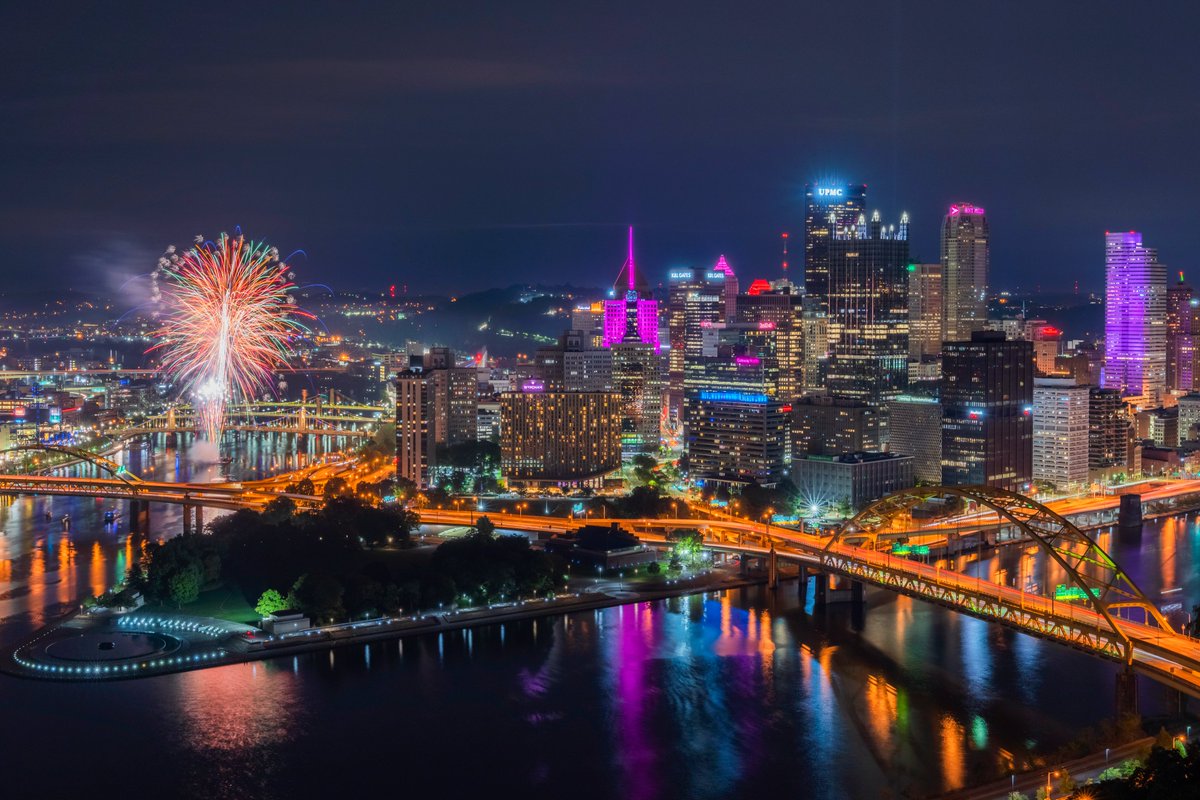 DaveDiCello's tweet photo. I know it's late, but the @Pirates completed an awesome comeback win tonight, it was the last fireworks night of the year, and #Pittsburgh looked great all lit up. I'm beat after being up since 3:30, but it was worth the trip to capture these. #LetsGoBucs https://t.co/Ovhuk5rGoV