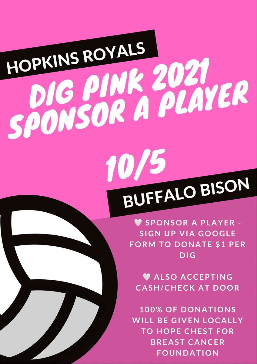 hopkinsvball's tweet photo. The Dig Pink game is coming up! Tuesday 10/5 Hopkins welcomes @VolleyballBison Sponsor a Hopkins or Buffalo player(s) or team and help fight breast cancer. $1 per dig! Complete the form at the link and join us to cheer on your team
https://t.co/3TVmdFWbiA https://t.co/EW4NIsIfLR