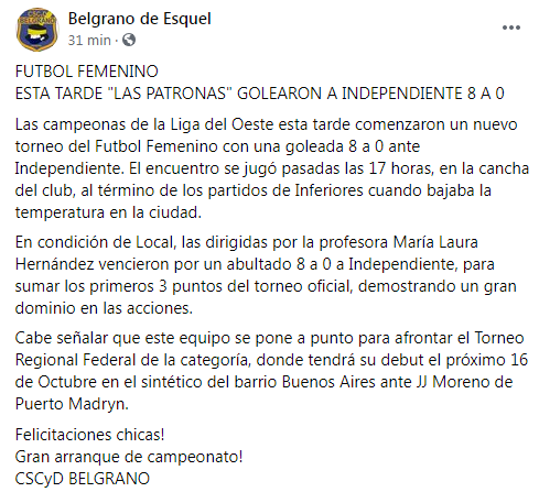 Belgranodesquel's tweet photo. FUTBOL FEMENINO
Inmejorable arranque de torneo para "Las Patronas" que esta tarde se despacharon con una goleada de 8-0 ante Independiente.
@RickyWalsh20 @srgesquel @Maxi_Fernandez_ @LaPortadaDiario @ElChavoEsquel @RED43info @PaolaSoto78 @rociocordero87 https://t.co/2Xi1aS2JMf