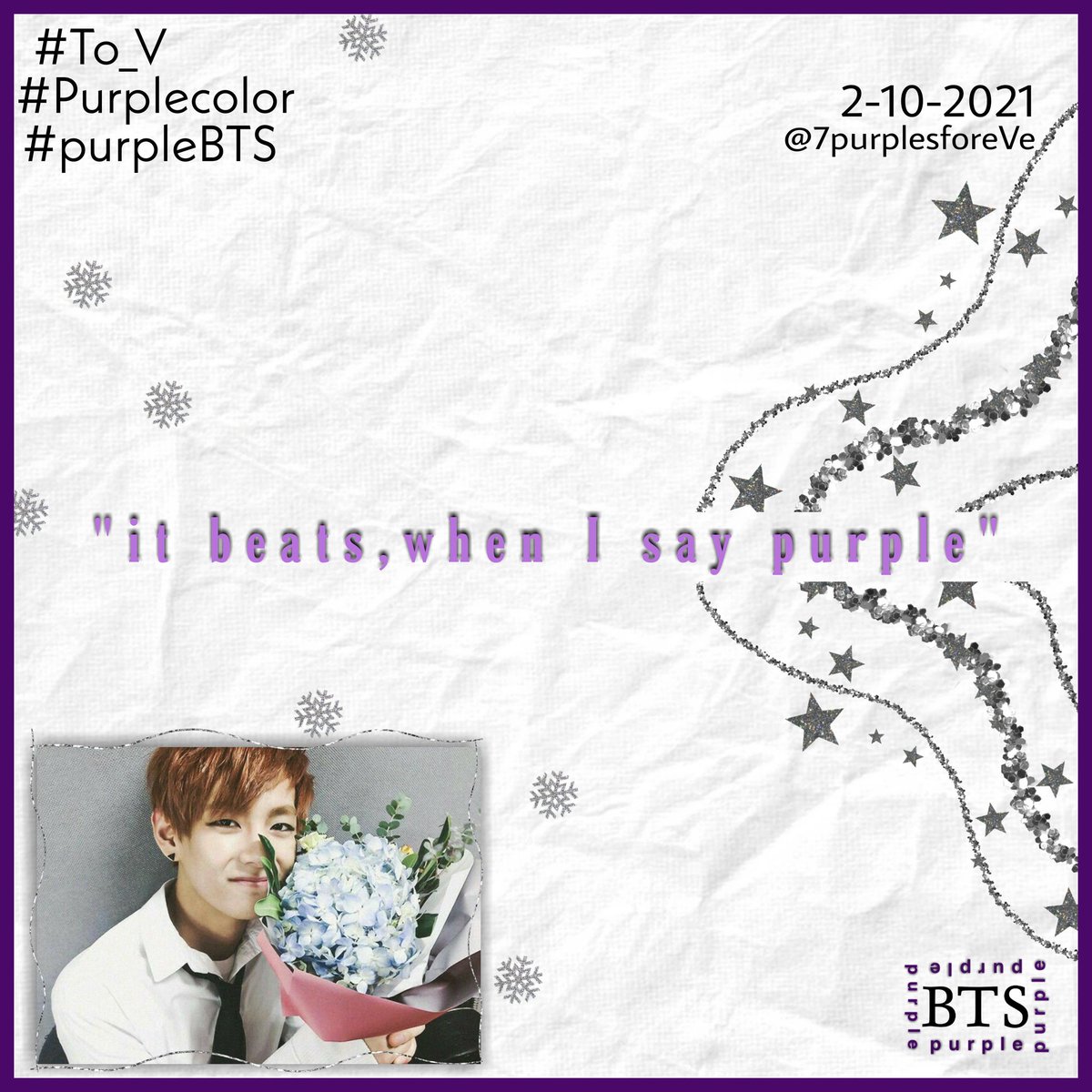 PurPleBTS_7Boys's tweet photo. #To_V 🎶
"It beats,when I say purple"

Army @7PurplesforeVe 💜.
For: Kim taehyung
@BTS_twt

#purpleBTS #BTSSevenMembers #Purplecolor #V #Borahae #IPurpleYou #PurpleBoyV #JazzyBoyTaeHyung #JazzyBoyV #LoveYouV #ProudOfYouTaeHyung https://t.co/M3WieFDEXX