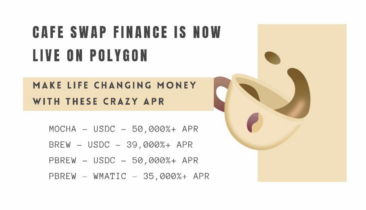 degen_house2's tweet photo. @CafeSwapFinance had amazing week .
⭐️Launch on @0xPolygon
⭐️New Partnerships
⭐️APR up to 50,000%
⭐️Passive Income
⭐️new liquidity pools
#brew #Mocha #crosschainfarming #polygon #cafeDex #Matic #BSC https://t.co/oOqXeaShzU