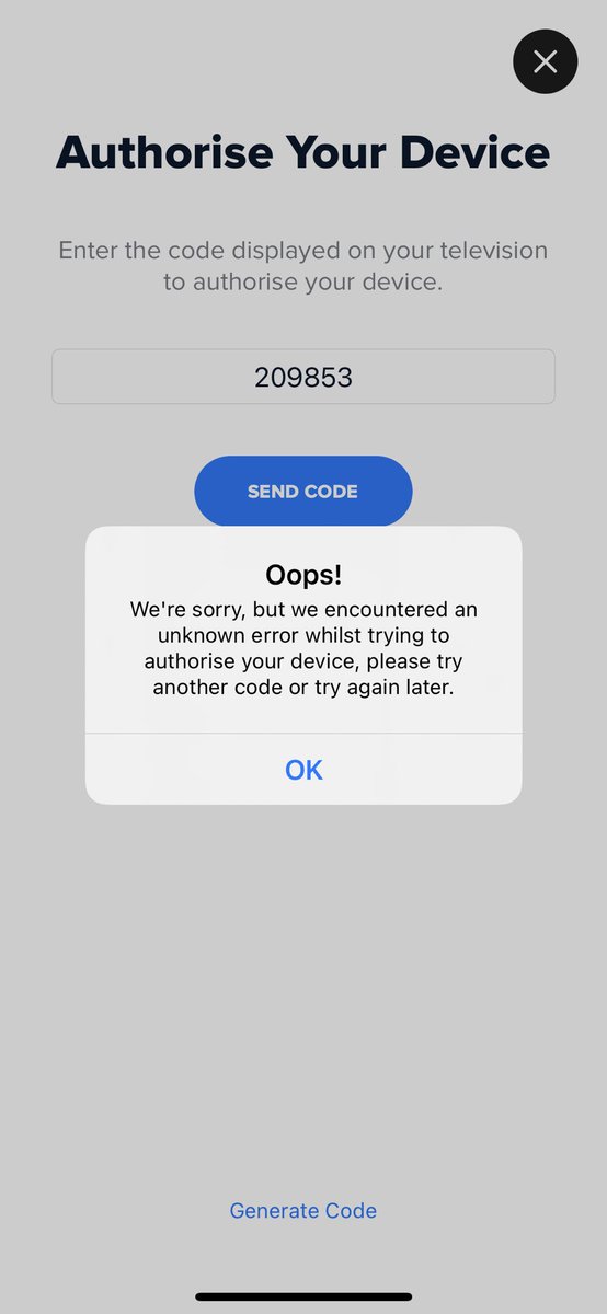 RobbobPenny's tweet photo. @gcntweet Hiya - FYI seems there are issues with Samsung TV app auth.Tried to reinstall app but still occurs. https://t.co/MujjVUnsJ2
