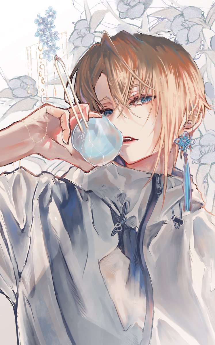 1boy male focus earrings jewelry solo blue eyes blonde hair  illustration images