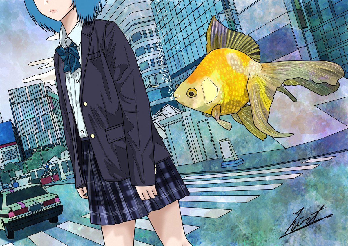 1girl fish skirt plaid skirt crosswalk plaid solo  illustration images