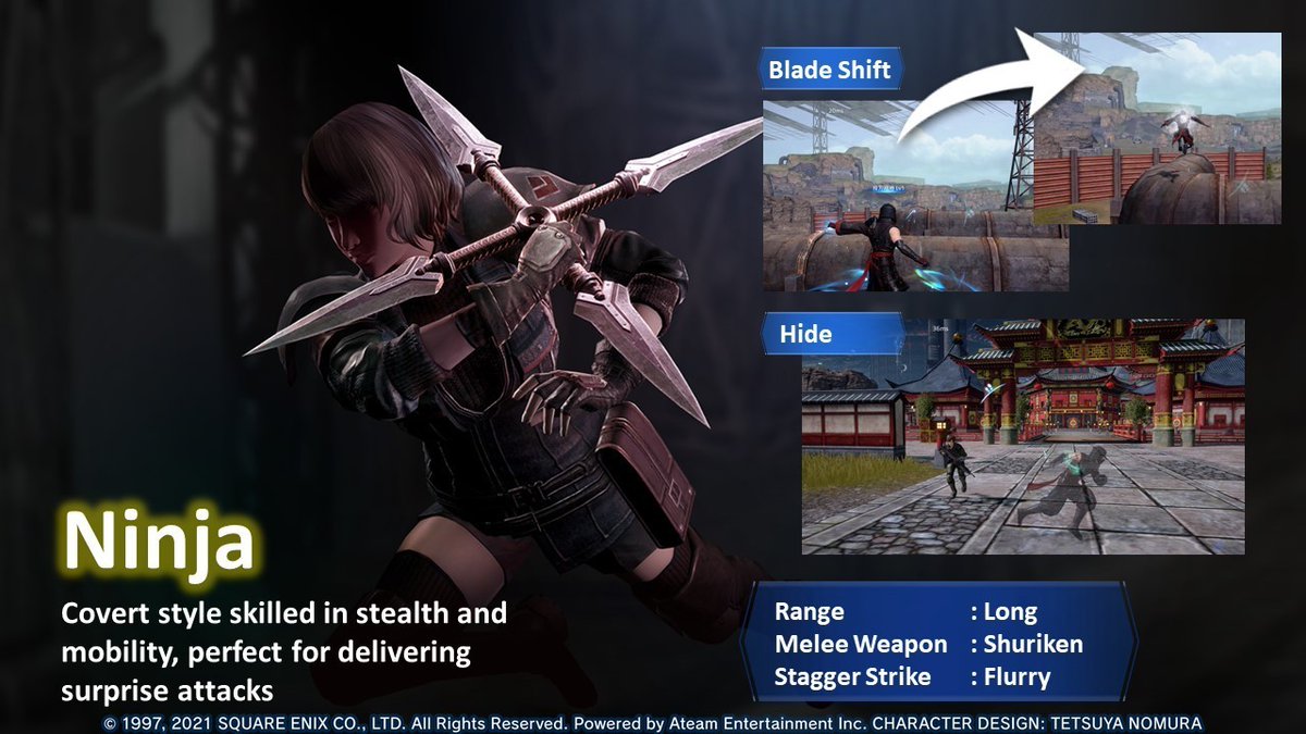 📣#FF7FS Bulletin✨ New style: NINJA! 🥷 This style is focused on mobility!  It utilizes a shuriken for melee combat and allows for some sneaky combat  tactics💨 It can turn invisible with its \, image size:1200x675