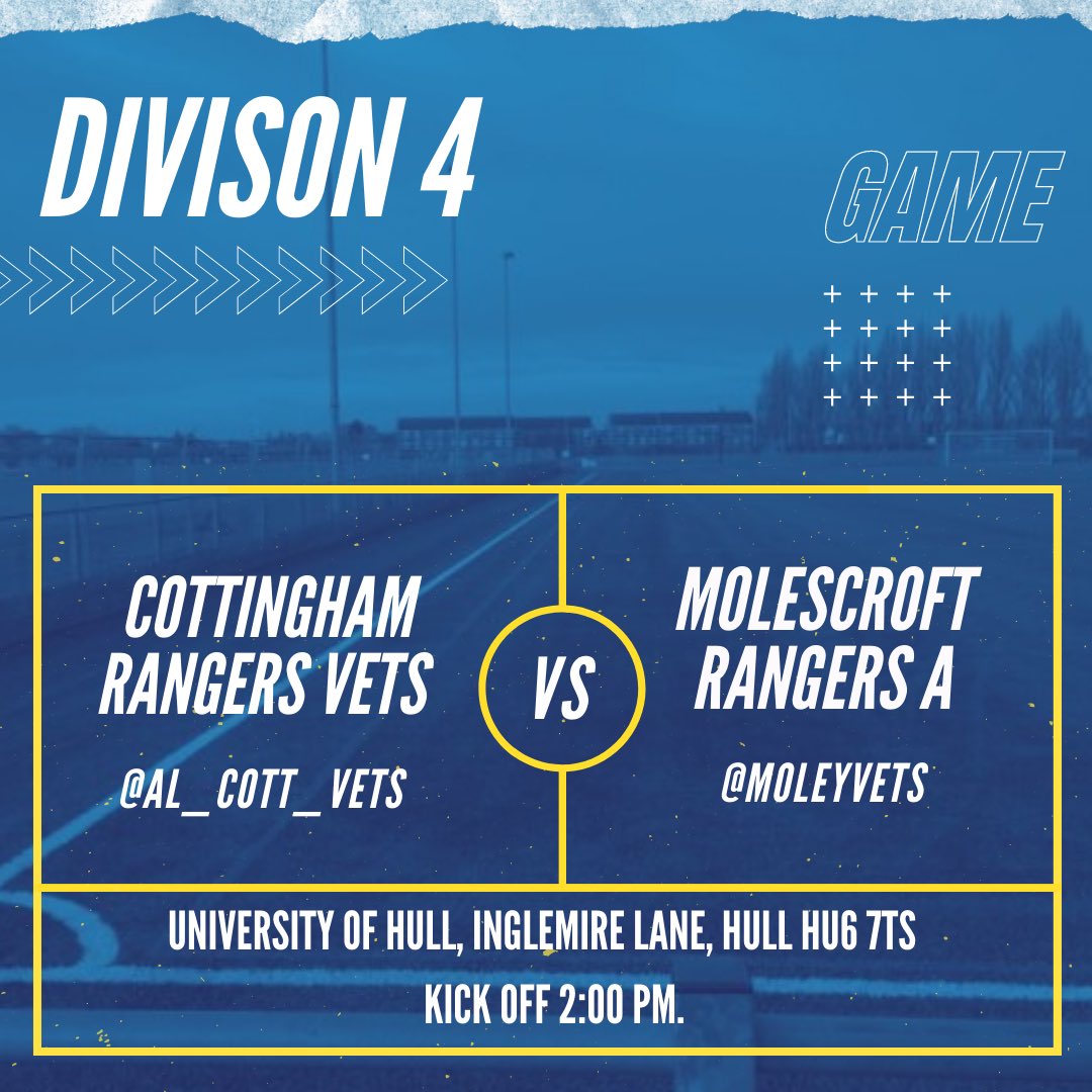 MoleyVets's tweet photo. Game Day 🙌

🆚 @Al_Cott_Vets 
🏆 Division 4
📆 Sunday 3rd Oct 2021
🕑 14:00 Kick Off 
📍 University of Hull HU6 7TS

#CRVMRV #MolesAway #MoleyVets #MoleyArmy https://t.co/RdAcOwBwpn