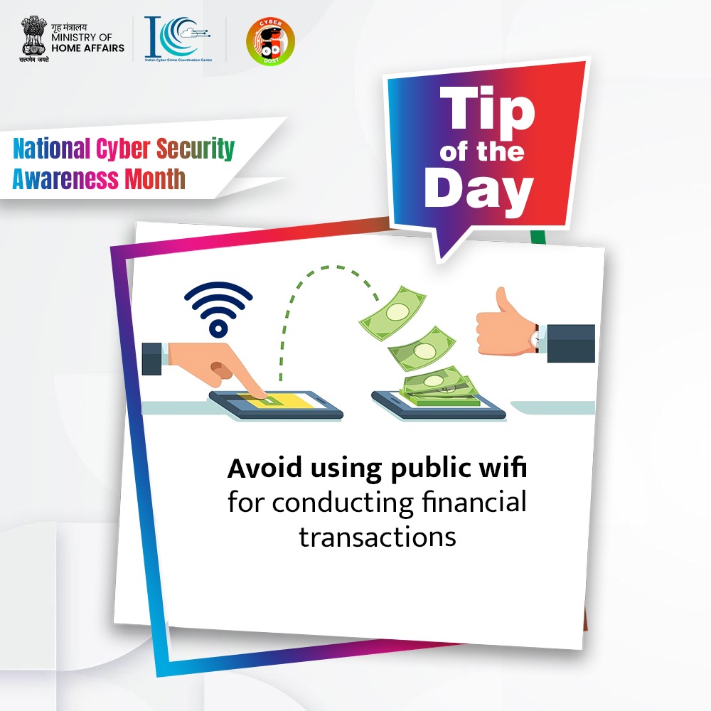 Cyberdost's tweet image. Avoid using public wi-fi for conducting financial transactions : Stay #cybersafe #CyberSecMonth