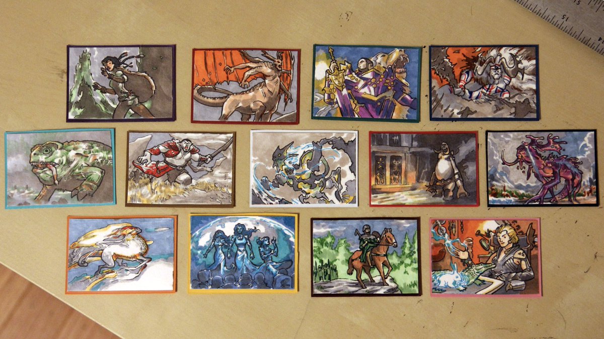4tweetspermonth's tweet photo. I did li'l pen/marker redraws of the card illustrations for my 13 EDH decks, and put each in a half-@DragonShield_ mounted on a color-coordinated deck box.

#neopiko #copic
#mtg #edh #boulders
(EDH is a variant way of playing Magic cards)
(little drawings are fun) https://t.co/2axYoPFS7z