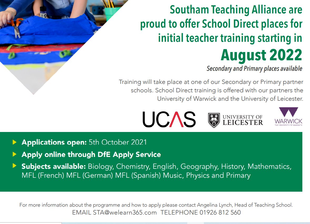 Southam Teaching (@southamteaching) on Twitter photo Thinking about training to be teacher? Contact as at STA@welearn365.com for more information. Applications for our 2022 cohort open on 5th October 2021. Thinking about training to be teacher? Contact as at STA@welearn365.com for more information. Applications for our 2022 cohort open on 5th October 2021.