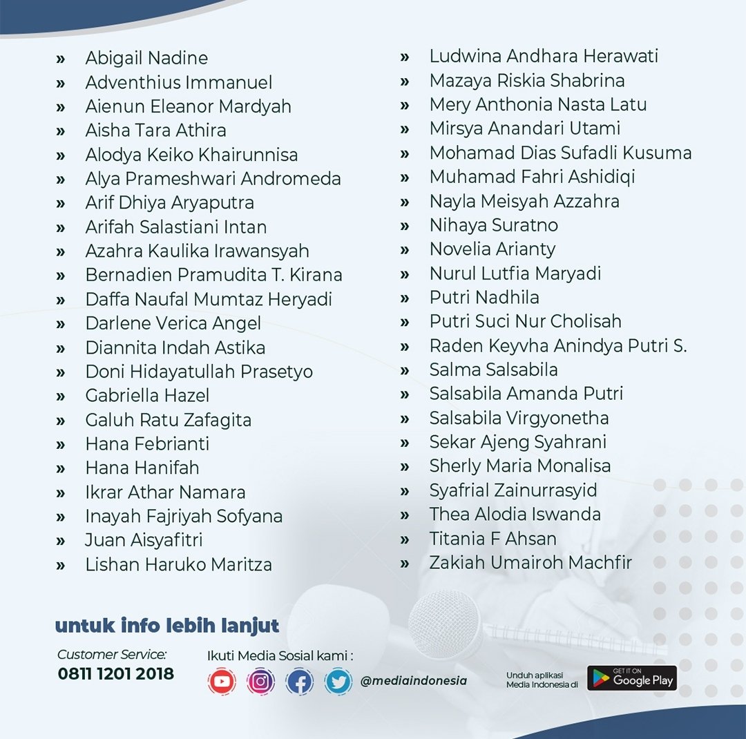 Hallo Sahabat Media Indonesia Akhirnya yang ditunggu-tunggu datang juga!

Berikut nama-nama peserta terpilih pada program Reporter Muda Media Indonesia Vol.1. Selamat ya!

Informasi lebih lanjut dapat menghubungi Palupi 0811 1201 2018.