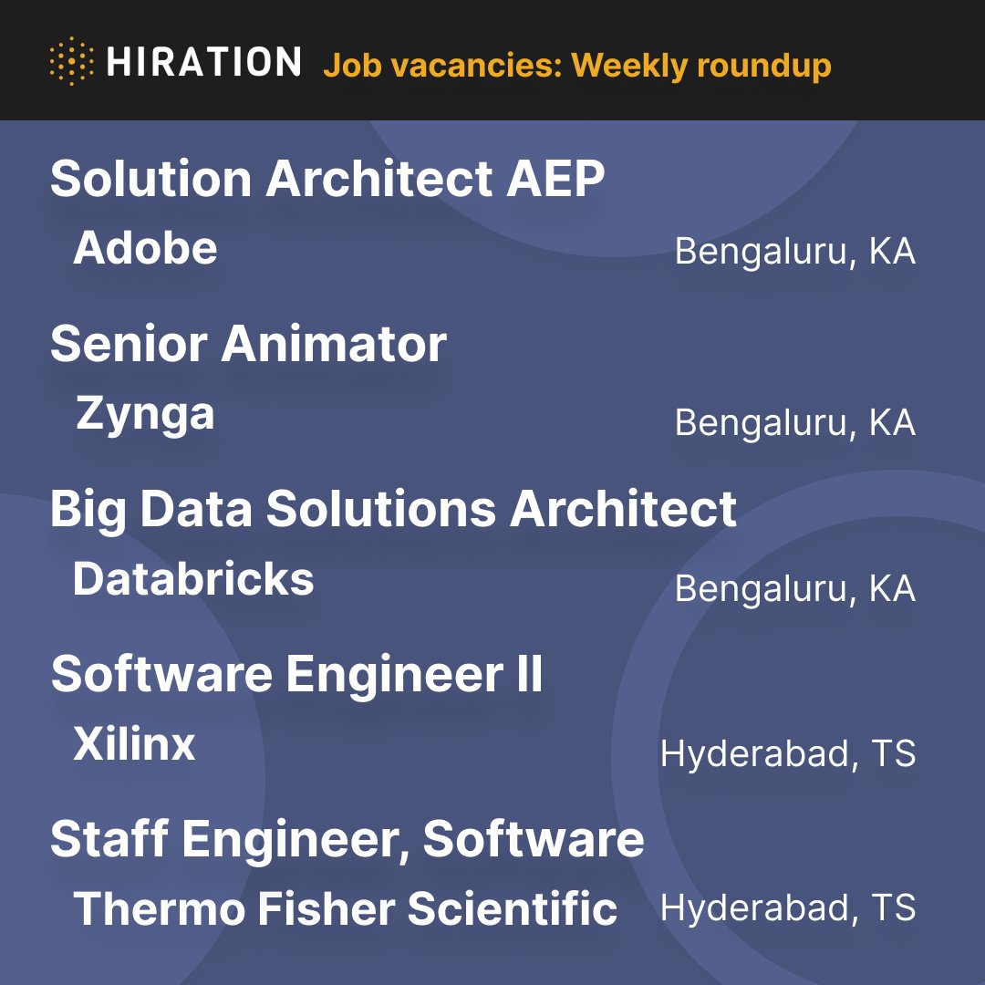 Check out our roundup of the best #techjob vacancies this week. @Adobe, @zynga, @databricks, @XilinxInc and @thermofisher are #NowHiring!
Follow @tech_hiration for more.
#HiredViaHiration #JobAlert #TechJobs #JobVacancies #JobSearch (1/6)