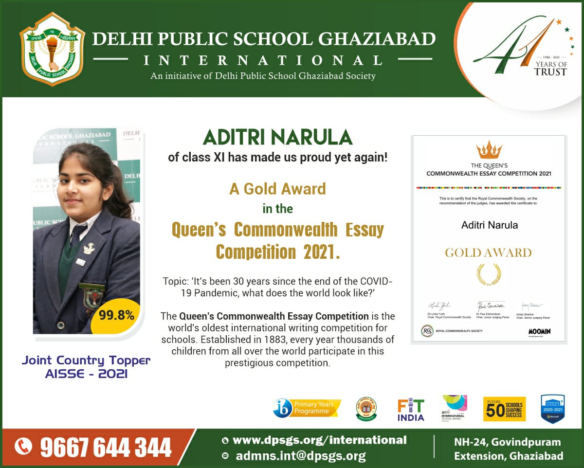 IDpsgI's tweet photo. We at DPSG International are elated to share that Aditri Narula of class XI has been awarded a Gold Award in the Queen's Common Wealth Essay Competition 2021.
#WeareDpsgi #bestschoolinGhaziabad #proudmoment #GOLDAWARD #ADITRI #QUEENSCOMMONWEALTHESSAYCOMPETITION https://t.co/vQWWqH8B1X
