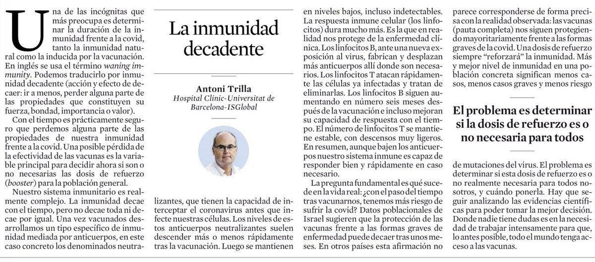 ToniTrilla's tweet photo. La inmunidad decadente:
Perdemos inmunidad con el tiempo, pero no toda ni por igual.
Los anticuerpos bajan, las celulas T y B permanecen.
Evitamos las formas graves de enfermedad.
Variables a considerar en el debate sobre las dosis de refuerzo.
@LaVanguardia https://t.co/r9bI4y3n2k