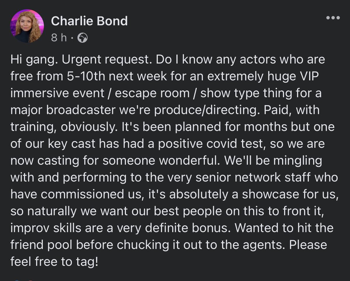 Urgent casting! Please share - we’ve been working so hard on this and we start the set build tomorrow, I’d like to get this filled today as we’re so flippen busy. ❤️ location - Soho, London xx