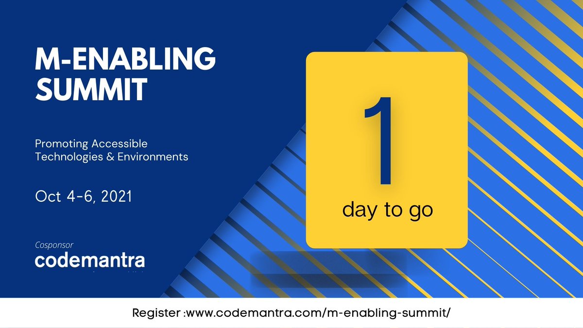 codemantra's tweet photo. Just 1 more day to go!
Meet us at the @mEnablingSummit between Oct 4-6, 2021. The event is cosponsored by @codemantra & organized by @G3ict & E.J. Krause & Associates.
Register to attend at: https://t.co/uVJ6SfrchL
#mEnabling21 #accessibilityconference #accessibilityforall https://t.co/wgTWIWrcVQ