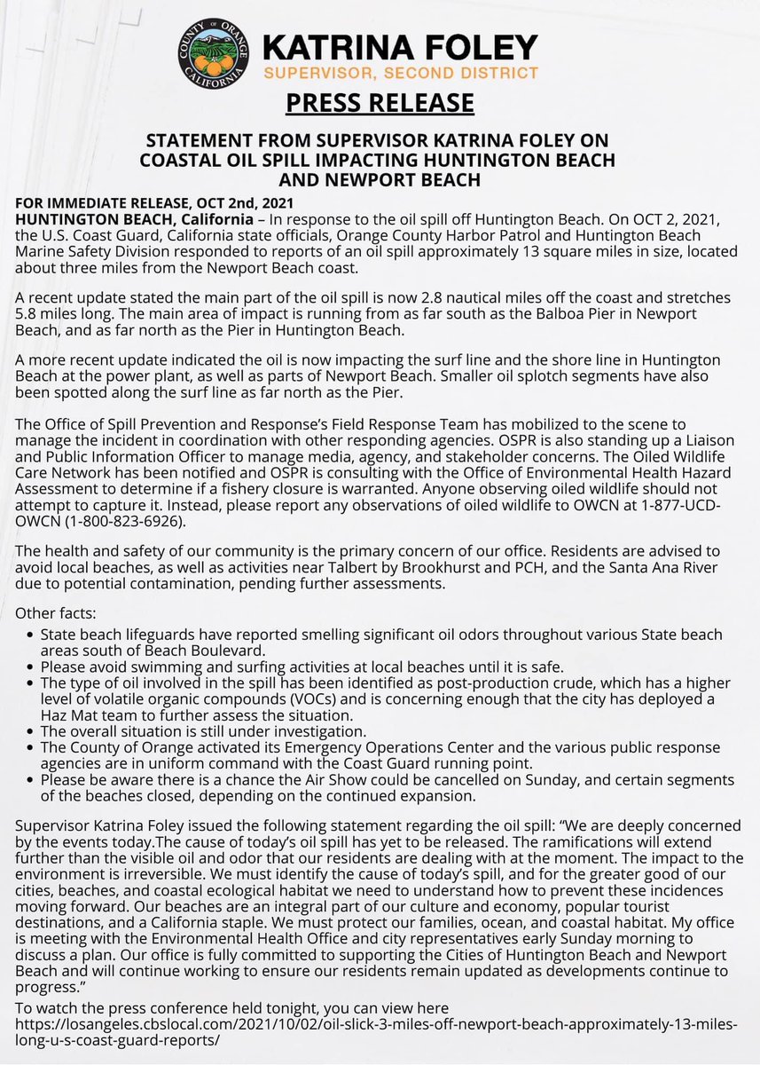 SupervisorFoley's tweet photo. Tonight I joined local and state officials to update the community on the oil spill hitting Huntington Beach and Newport Beach. 

All agencies, including environmental and wildlife, are working together to mitigate the damage and reduce the impact to our beautiful coast. https://t.co/Y8w2ebQsJs