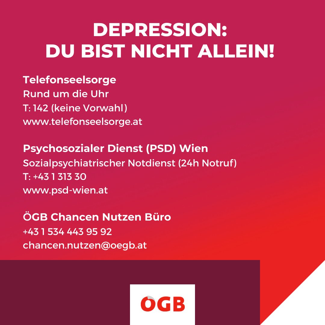 oegb_at's tweet photo. Eine Depression kann jeden treffen! Über 400.000 Menschen leiden derzeit in Österreich an einer behandlungsbedürftigen Depression. Am heutigen #TagderDepression wollen wir Bewusstsein schaffen und erinnern: Ihr seid nicht allein! https://t.co/dnooPsEaBE
