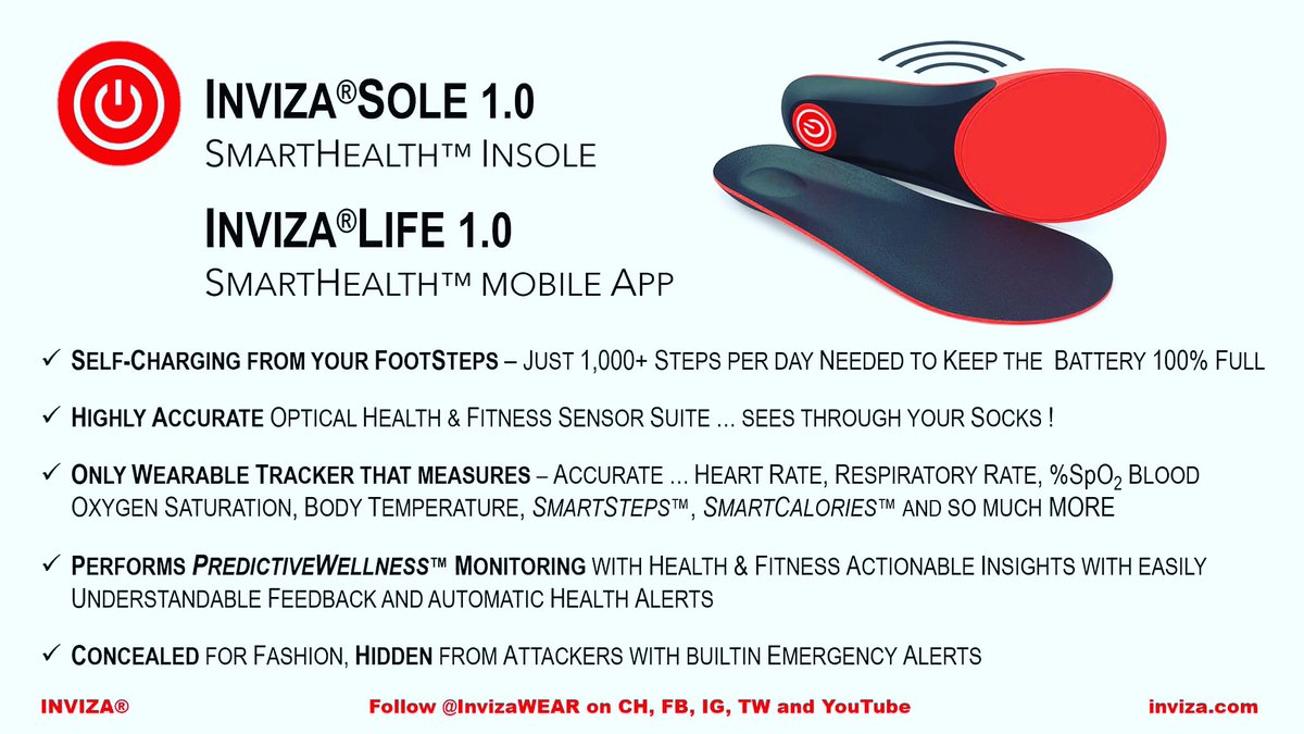 🎯INVIZA® ~ Inviza®SOLE 1.0 #SmartHealth Insoles and Inviza®LIFE 1.0 SmartHealth #MobileApp. #CONCEALED from view. HIGHLY #ACCURATE #sensors & #cloudcomputing. #SELFCHARGES battery with 1000+ steps. #PREDICTIVEWELLNESS™ monitoring. — #WearaBLEs for LIFE™ #digitalhealth