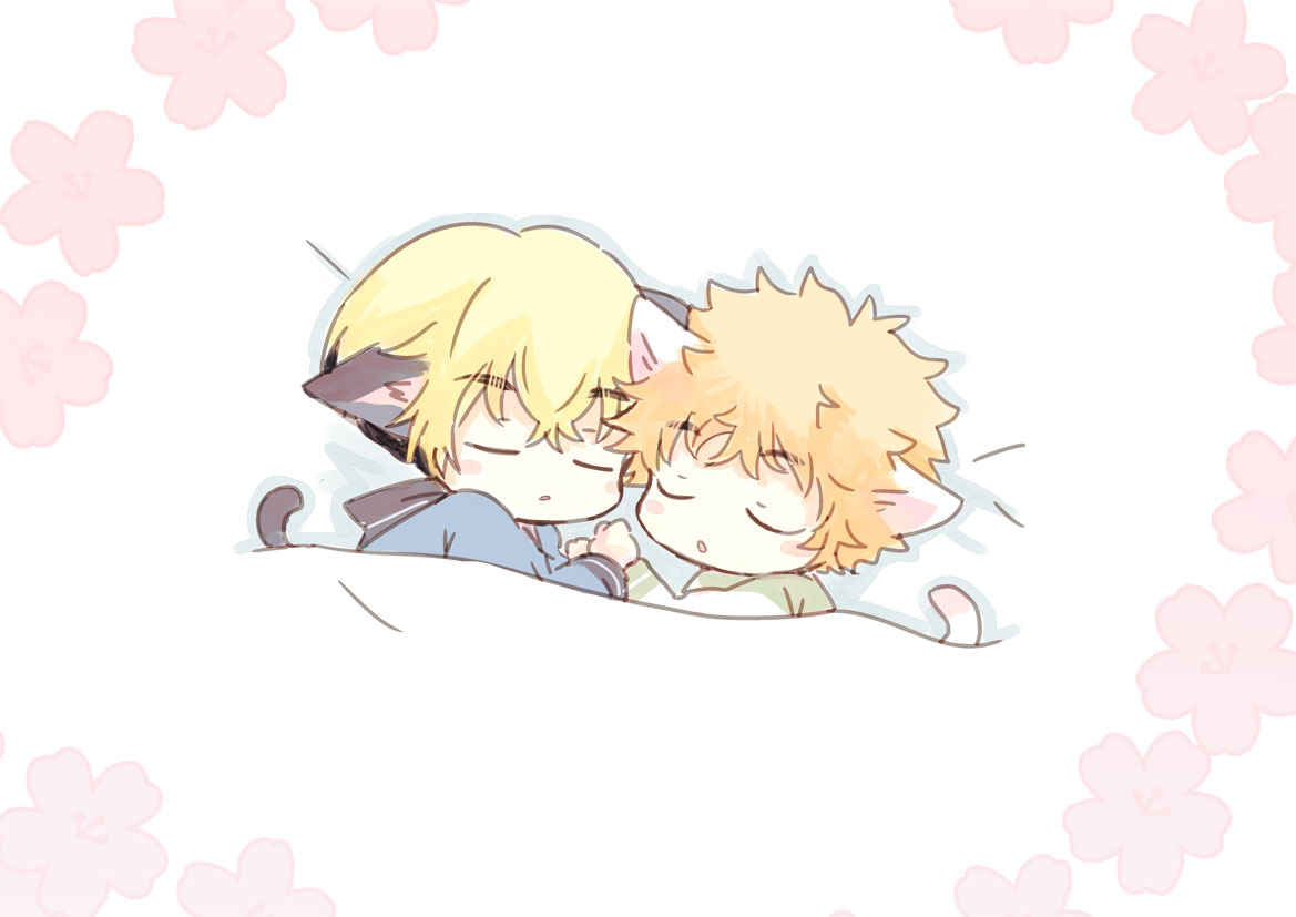 multiple boys 2boys blonde hair animal ears male focus tail closed eyes  illustration images