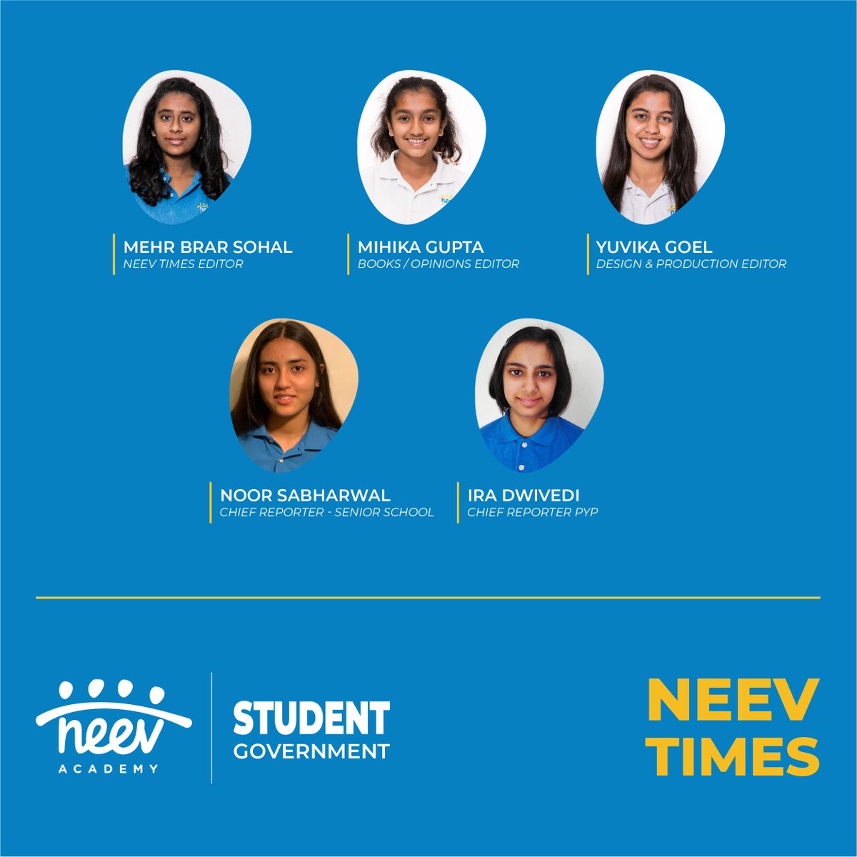 Election Day results are here and we are glad to announce the newly elected cabinet of the Student Government Neev Times. A total of 195 students had nominated themselves for the elections for SG2021-21. 

Hearty congratulations to all the new members of Neev Times.

#SchoolPaper