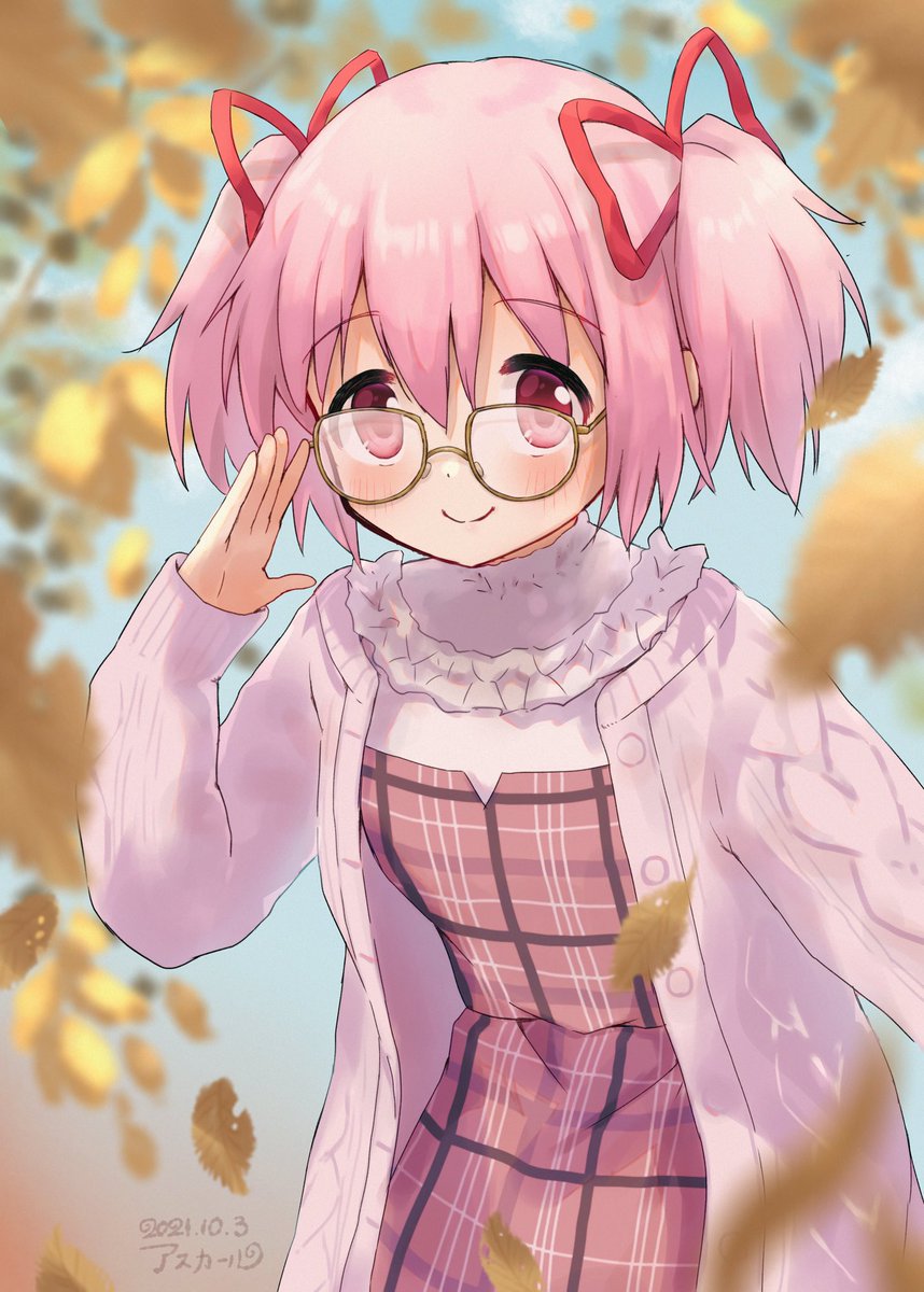 kaname madoka 1girl solo glasses pink hair twintails pink eyes leaf  illustration images