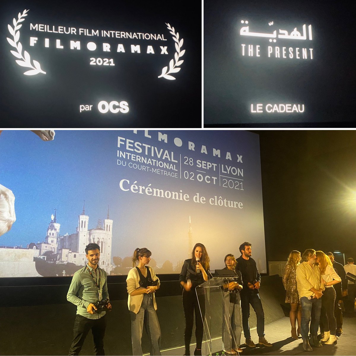 TrayssacT's tweet photo. ➡️ soirée de clôture du festival @filmoramax 🎥 Grand vainqueur du prix #OCS remis par Pierre-Ange Le Pogam 🔸Le magnifique court-métrage palestinien The Present de Farah Nabulsi s’offre la récompense ultime de cette très belle sélection 🎬 @OCSTV partenaire officiel https://t.co/eOCCDO0CI7