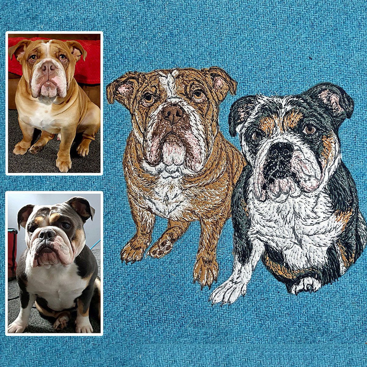 These two bulldogs have the best expressions and they have paired up perfectly for their embroidered #petportrait ow.ly/IjYI50GkSbc #bulldogs