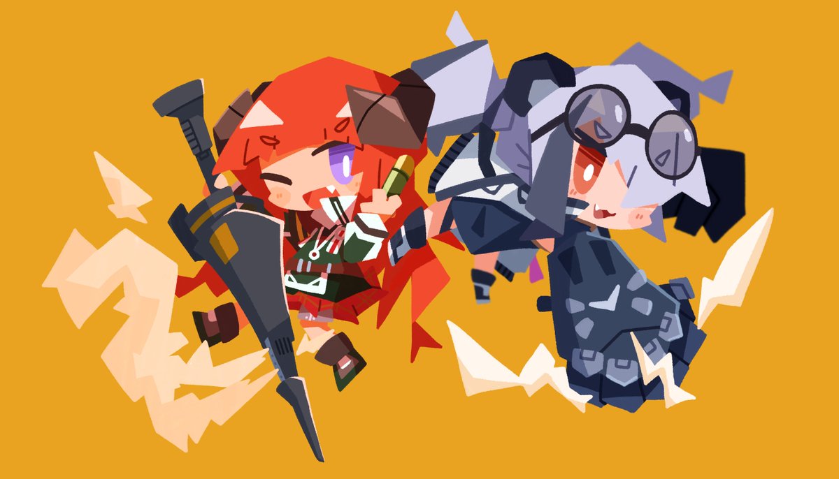 feater (arknights) 2girls multiple girls one eye closed horns grey hair jacket chibi  illustration images