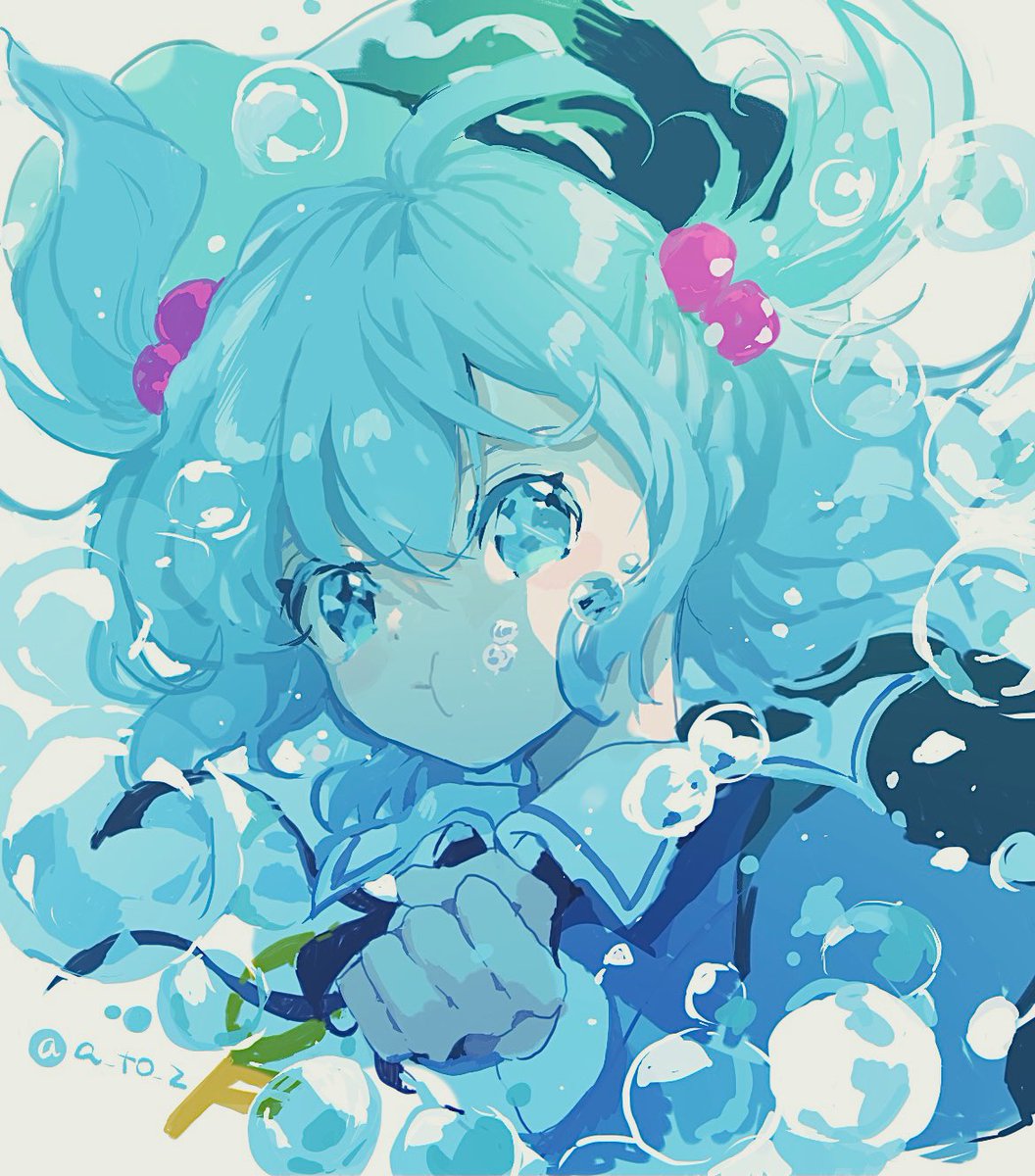kawashiro nitori 1girl solo blue hair hair ornament blue eyes hair bobbles bubble  illustration images