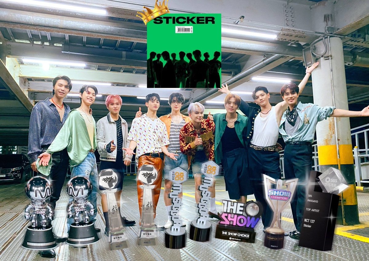 nctcharts_'s tweet photo. "#STICKER" by @NCTsmtown_127 becomes the NCT song with most music show WINS (9🏆)! 👏🎉

#STICKER9thWin https://t.co/I1ZqcM3GFd