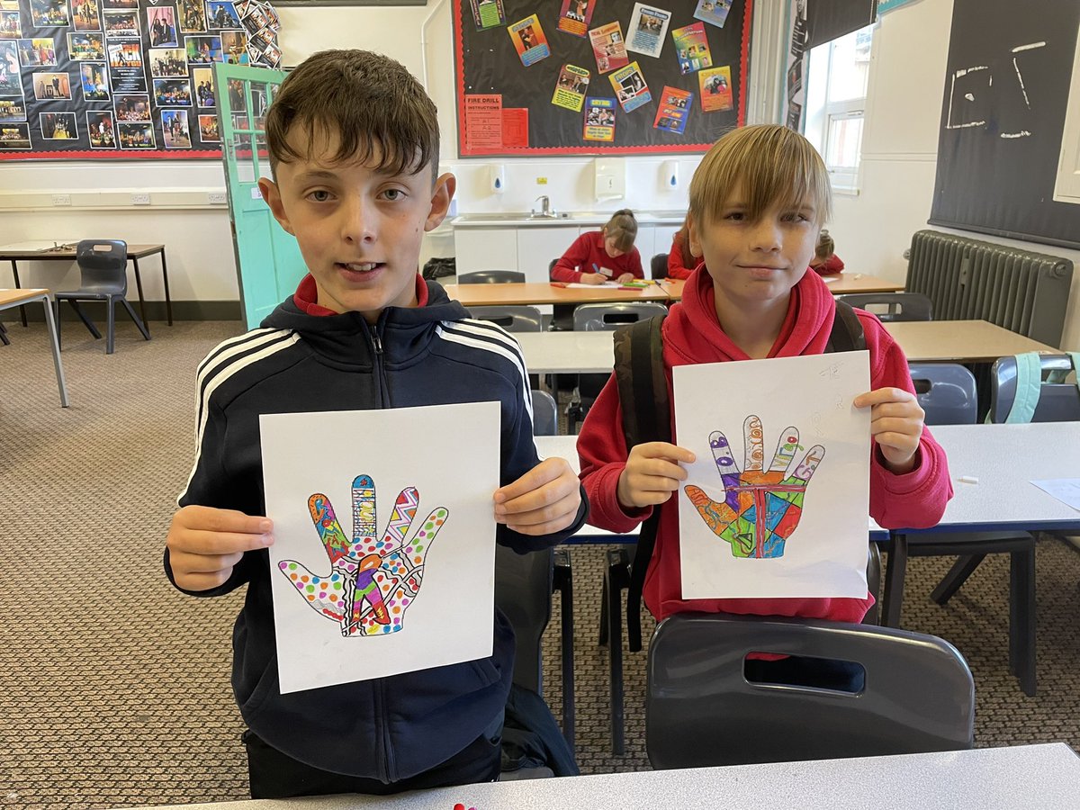 Pupils from Year 6 Ysgol y Castell show off their aboriginal inspired hands #allaboutme
