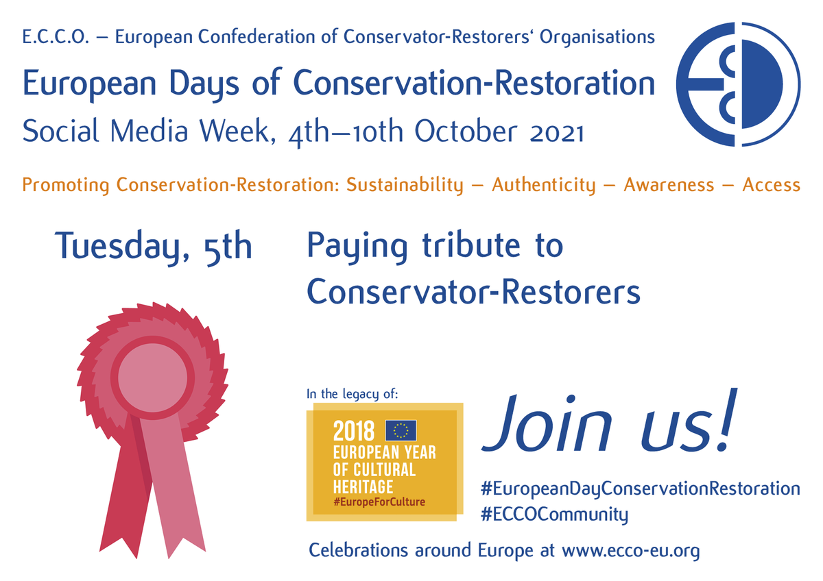 ecco_eu's tweet image. Tuesday, 5th October
#EuropeanDaysConservationRestoration
➡️A day dedicated to the people that have significantly contributed to the field of #ConservationRestoration, whether by their involvement in the recognition of the profession or by  pioneering in their work #ECCOCommunity