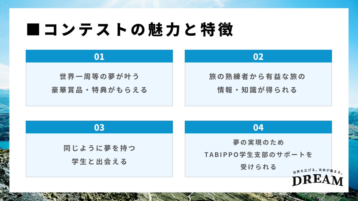 tabippo_student's tweet photo. 【世界一周コンテストDREAM🌏】

〜全国の熱い若者たちへ〜
#世界一周コンテスト エントリー開始❗️

今年も世界一周の夢を叶えるコンテスト
DREAM開催します！

沢山の熱い想い、夢が集まる
この場所に挑戦しませんか？

📍募集期間：10/3~11/21
📍最優秀賞：世界一周航空券

https://t.co/qt6Oo8wyHw https://t.co/AB9gkUyFwc