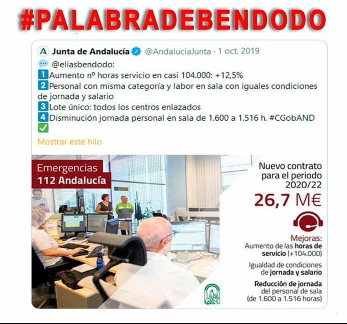 <a href="/eliasbendodo/">Elías Bendodo</a> <a href="/JuanMa_Moreno/">Juanma Moreno</a> <a href="/pablocasado_/">Pablo Casado Blanco</a> Sr <a href="/eliasbendodo/">Elías Bendodo</a>  y <a href="/antoniosanz/">Antonio Sanz Cabello</a>  Los trabajadores de #Emergencias112Andalucia llevamos más de 20 años esperando un cambio a mejor gestión para un servicio esencial para Andalucia, esperamos que usted cumpla algunas de sus palabras para mejorar un servicio público.