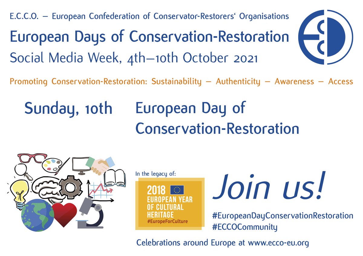 ecco_eu's tweet image. Sunday, 10th October

#EuropeanDayConservationRestoration 💫💫🎉🎉🎉

A celebration of the profession! An opportunity for sharing achievements and engaging with the public! #ECCOCommunity