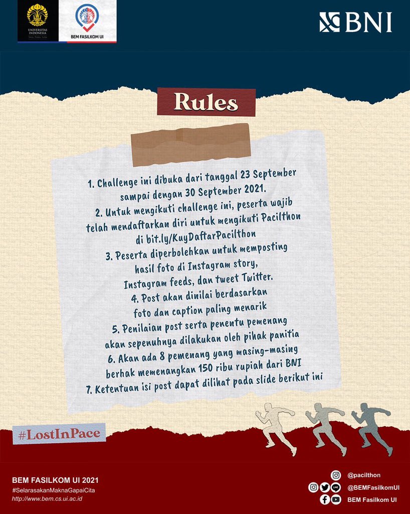 KontingenCSUI's tweet photo. [CHALLENGE PACILTHON X BNI DI EXTEND?]

Yap bener bgt, walaupun periode lari Pacilthon udah berakhir, kamu masih bisa ikutan challenge nya nih. Yuk langsung aja ikutan! Cek syarat dan ketentuannya ya! Good luck. Semoga dapet uang jajan dari Pacilthon😆

#LostInPace
Pacilthon 2021 https://t.co/CbNCARz7Bi