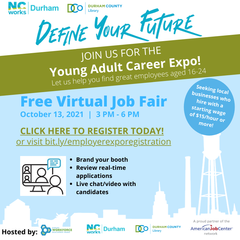 Durham County, NC (@durhamcounty) on Twitter photo Are you a business looking for talent? We’ve got the perfect solution - <a href="/ncworksdrm/">NCWorks Durham</a>, <a href="/durhamworkforce/">Durham Workforce Development</a> & <a href="/durhamcountylib/">Durham County Library</a> are offering a free, virtual Young Adult Career Expo on Oct. 13. They are seeking local businesses to participate.
Register today ➡️ bit.ly/employerexpore… Are you a business looking for talent? We’ve got the perfect solution - <a href="/ncworksdrm/">NCWorks Durham</a>, <a href="/durhamworkforce/">Durham Workforce Development</a> & <a href="/durhamcountylib/">Durham County Library</a> are offering a free, virtual Young Adult Career Expo on Oct. 13. They are seeking local businesses to participate.
Register today ➡️ bit.ly/employerexpore…