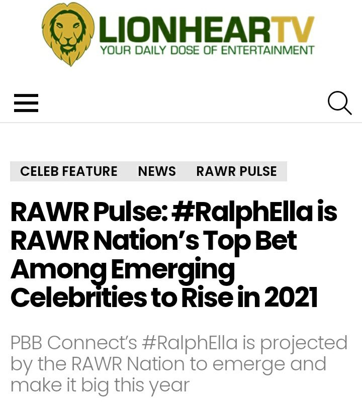 TeamRalphella_'s tweet photo. "RAWR Pulse: #RalphElla is RAWR Nation’s Top Bet Among Emerging Celebrities to Rise in 2021"
Article:https://t.co/KUYJEgFbuS

I nominate RalphElla for "LOVETEAM OF THE YEAR"
Category:LION AWARDS
Fill out the form:https://t.co/6D6ZZ3J4cg

#RAWRAwards2021
#RAWRAWARDSNominationNight https://t.co/z7usFVWdyZ